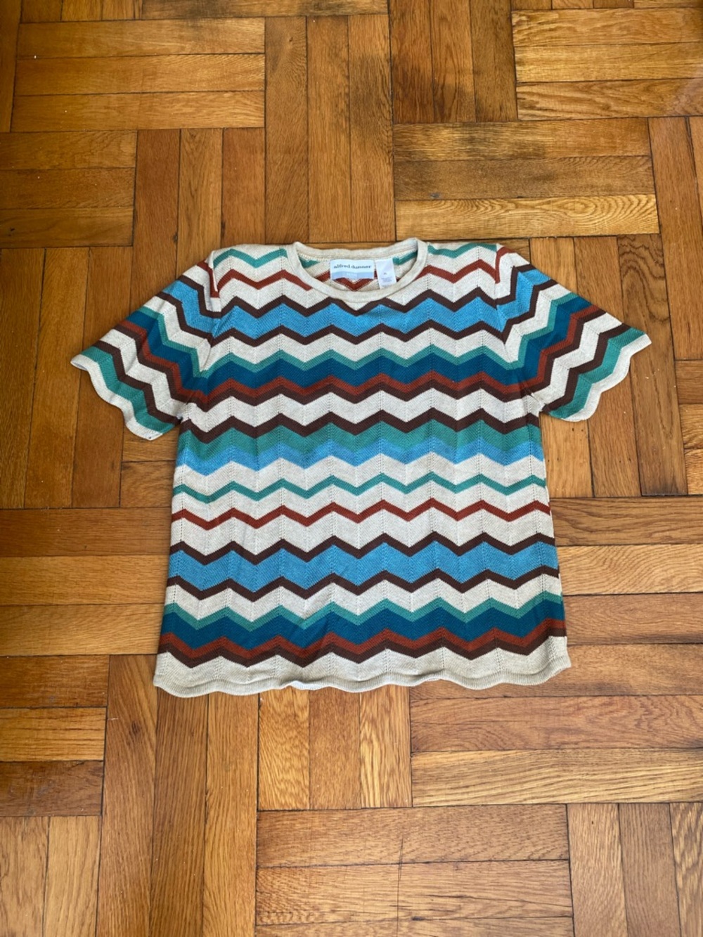 Alfred Dunner Petite Chevron Knit Top PL Multicolor Zig Zag Short Sleeve Sweater